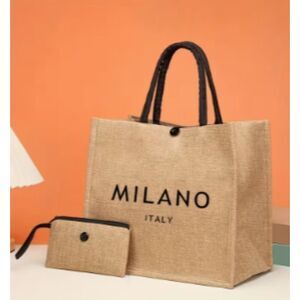 Milano Italy 2 piece Set Shopping Bag Wallet Khaki Bag Burlap Clutch Tote
